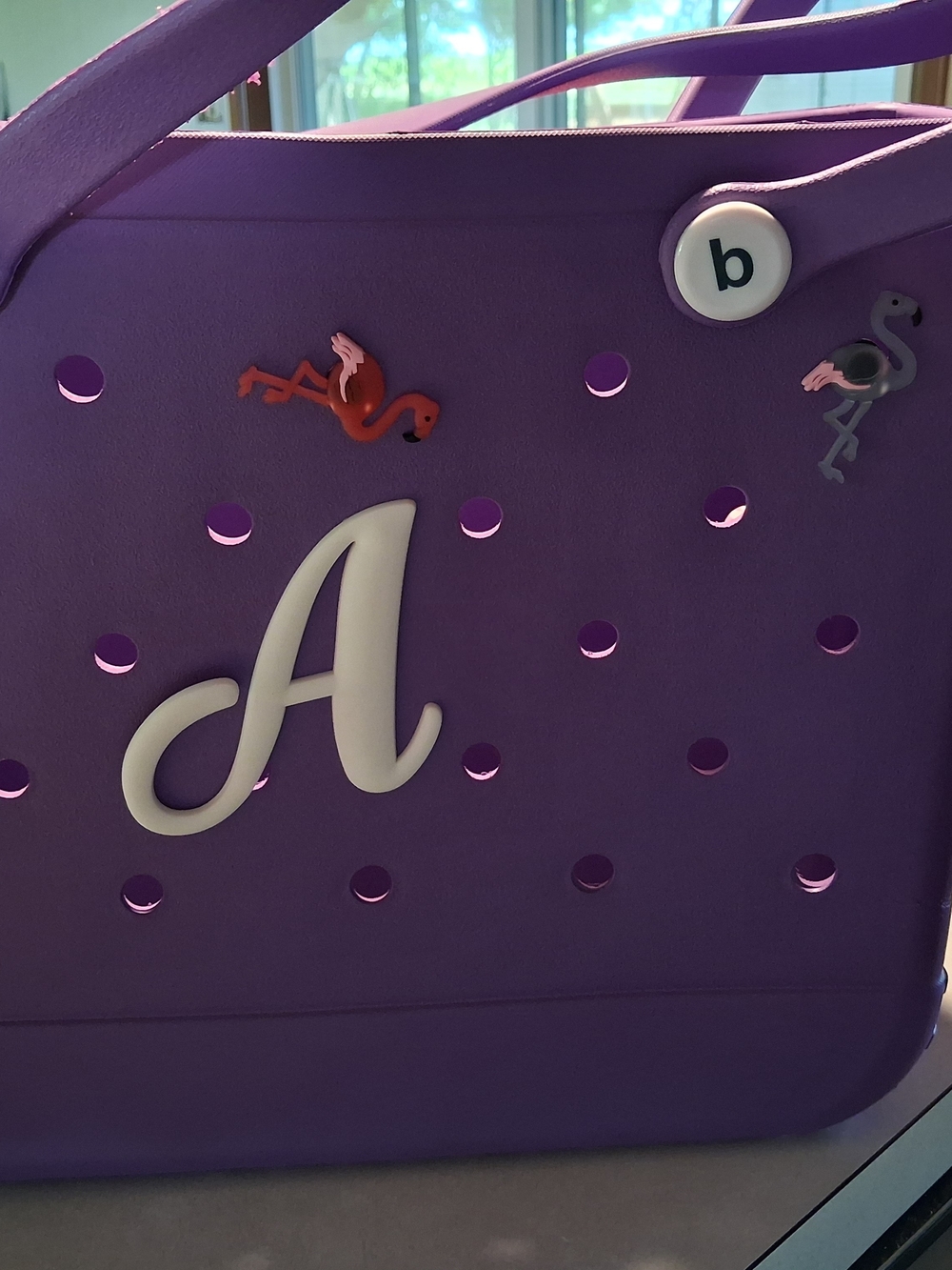 Purple Initial Tote with White 'A' and Flamingo Charms
